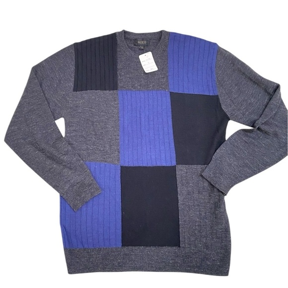 NWT Men’s Miko gray/blue/black color block wool blend lightweight sweater large - Picture 1 of 6